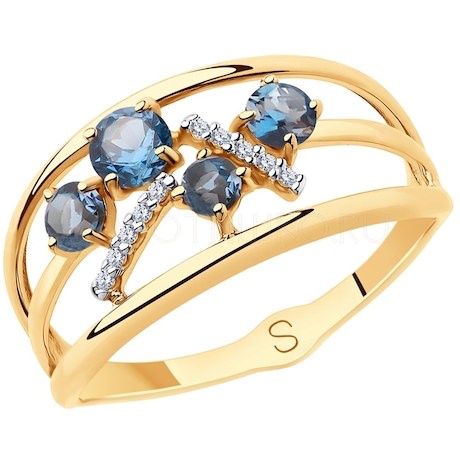 Кольцо из золота с синими топазами и фианитами 715700