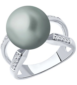 Кольцо из белого золота с бриллиантами и жемчугом 8010077-3