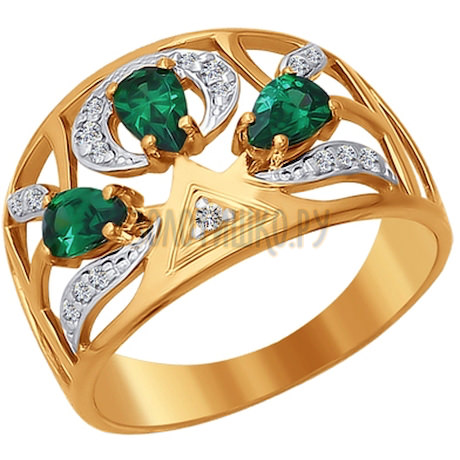 Кольцо из золота с зелеными фианитами 015409
