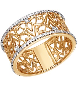 Ажурное широкое кольцо из золота с фианитами 015941