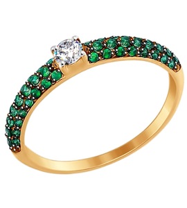 Кольцо из золота с бесцветным и зелеными фианитами 017388