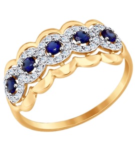 Кольцо из золота с бесцветными и синими фианитами 017490