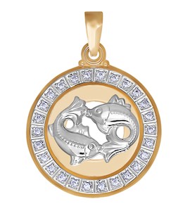 Подвеска знак зодиака из комбинированного золота c фианитами «Рыбы» 032502