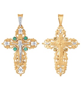 Крест из комбинированного золота с зелеными фианитами 120227