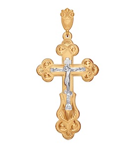 Крест из комбинированного золота с гравировкой 121008