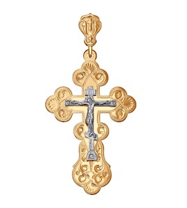 Крест из комбинированного золота с гравировкой 121025