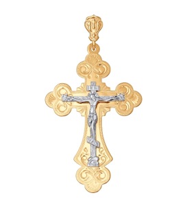 Крест из комбинированного золота с гравировкой 121056