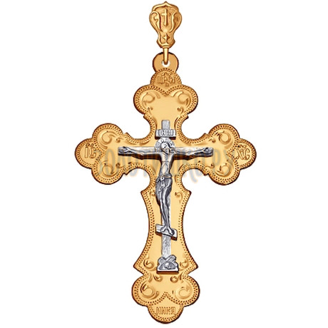 Крест из комбинированного золота с гравировкой 121063