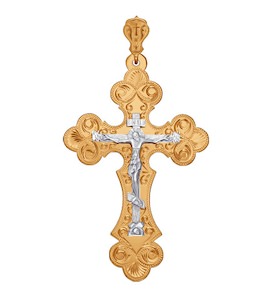 Крест из комбинированного золота с гравировкой 121065