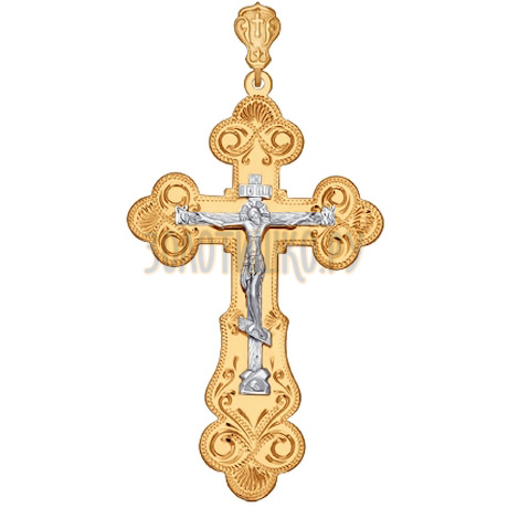 Крест из комбинированного золота с гравировкой 121066