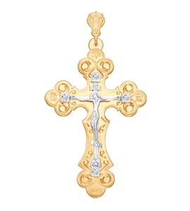 Крест из комбинированного золота с гравировкой с фианитами 121068