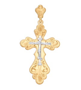 Крест из комбинированного золота с гравировкой 121087