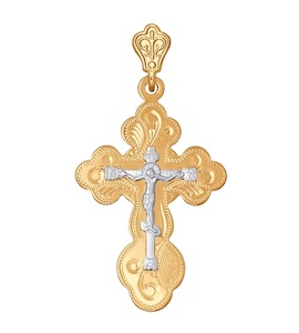 Крест из комбинированного золота с гравировкой 121089
