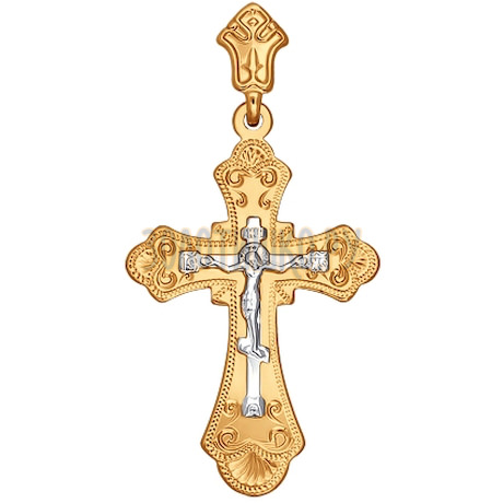 Крест из комбинированного золота с гравировкой 121092
