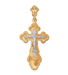 Крест из комбинированного золота с гравировкой 121098
