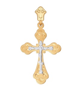 Крест из комбинированного золота с гравировкой 121099