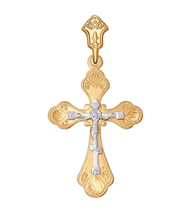 Крест из комбинированного золота с гравировкой 121100