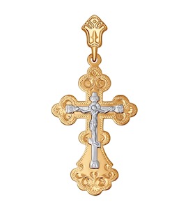 Крест из комбинированного золота с гравировкой 121107
