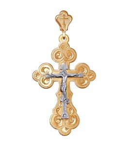 Крест из комбинированного золота с гравировкой 121116