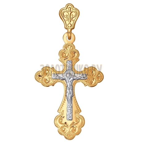Крест из комбинированного золота с гравировкой 121124