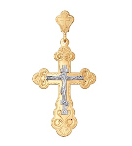 Крест из комбинированного золота с гравировкой 121126