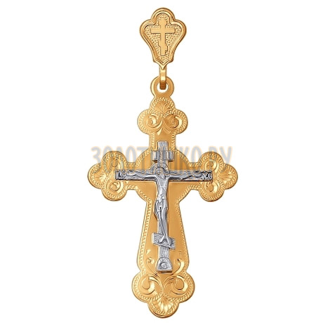 Крест из комбинированного золота с гравировкой 121134