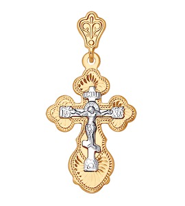 Крест из комбинированного золота с гравировкой 121157