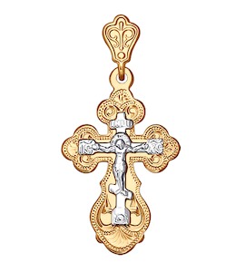Крест из комбинированного золота с гравировкой 121159