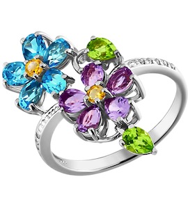 Кольцо с цветочной композицией из цветных камней 711685