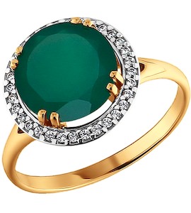 Кольцо из золота с фианитами и зелёным агатом 713292
