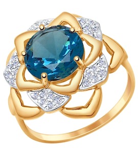 Кольцо из золота с синим ситаллом и фианитами 714746