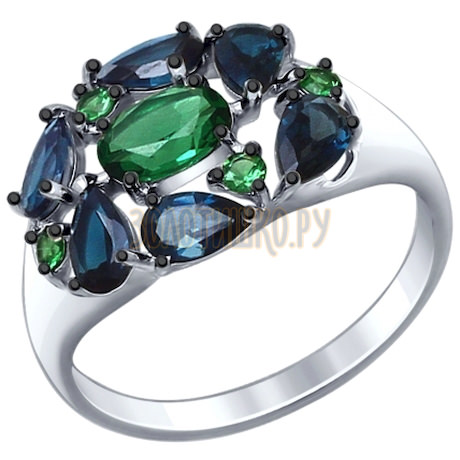 Кольцо из серебра с синими топазами и зелеными ситаллами 92011384