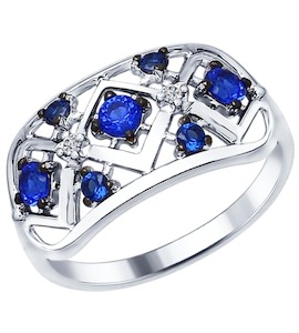 Кольцо из серебра с бесцветными и синими фианитами 94012317