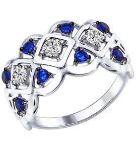 Кольцо из серебра с бесцветными и синими фианитами 94012318