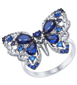 Кольцо из серебра с бесцветными и синими фианитами 94012354