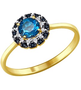 Кольцо из желтого золота с синим топазом и фианитами 714078-2