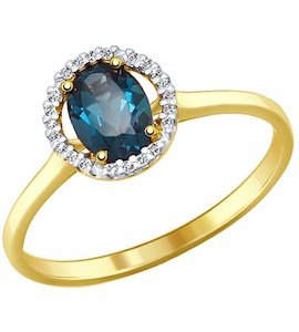 Кольцо из желтого золота с синим топазом и фианитами 714112-2