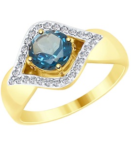 Кольцо из желтого золота с синим топазом и фианитами 714937-2