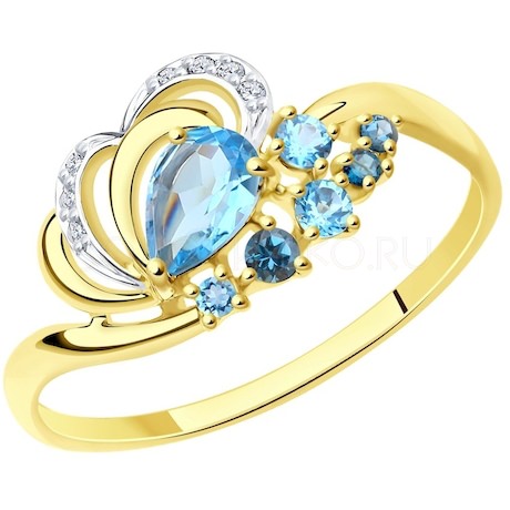 Кольцо из желтого золота с голубыми и синими топазами и фианитами 715046-2