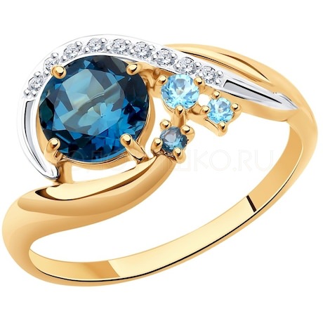 Кольцо из золота с голубыми и синими топазами и фианитами 715048