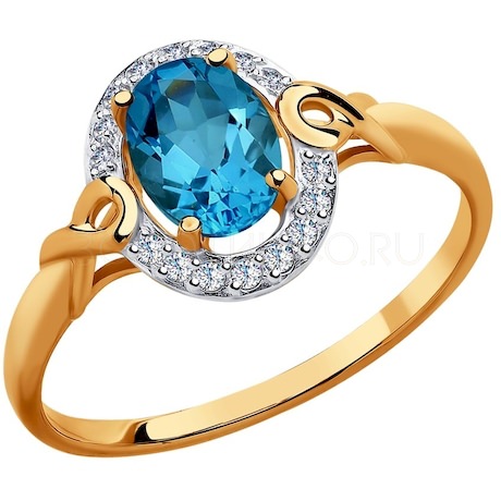 Кольцо из золота с синим топазом и фианитами 715071