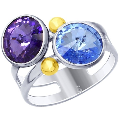 Кольцо из золочёного серебра с синим и сиреневым кристаллами Swarovski 94012605