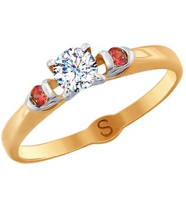 Кольцо из золота с бесцветным и красными фианитами 017872