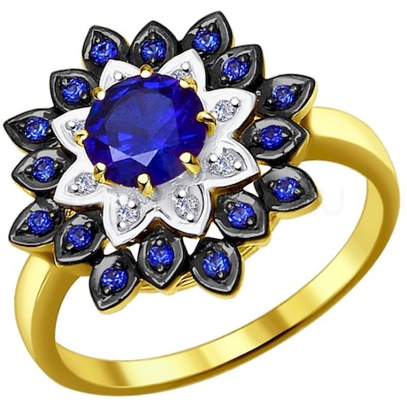 Кольцо из желтого золота с бриллиантами и синими корунд (синт.) 6012051-2