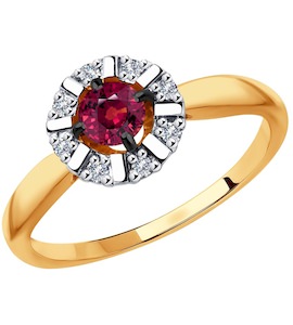 Кольцо из золота с бриллиантами и красным корунд (синт.) 6018015