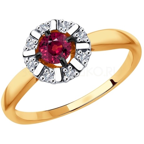 Кольцо из золота с бриллиантами и красным корунд (синт.) 6018015