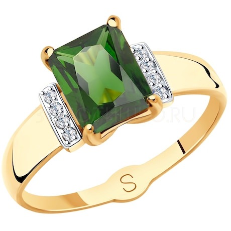 Кольцо из золота с зелёным ситаллом и фианитами 715417