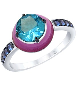 Кольцо из серебра с эмалью с синим ситаллом и синими фианитами 92011693