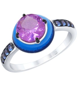 Кольцо из серебра с эмалью с сиреневым ситаллом и синими фианитами 92011694