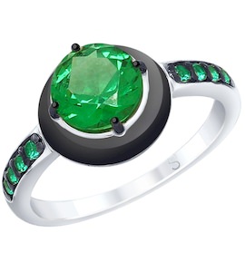 Кольцо из серебра с эмалью с зелёным ситаллом и зелеными фианитами 92011695